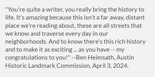 Got a nice compliment from Historic Landmark Commission Chair Ben Hemsath at their April 3 meeting: He'd read the first of my East Austin neighborhood history zines. Order here: gfbpubs.com/product-catego…