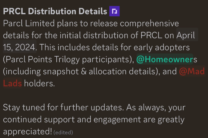 DegenerateNews's tweet photo. NEW: @ParclLimited TO RELEASE DETAILS FOR THE INITIAL DISTRIBUTION OF $PRCL (@Parcl) ON APRIL 15, 2024

H/T: @Parcl_Intern https://t.co/nnHUVDMJ5G