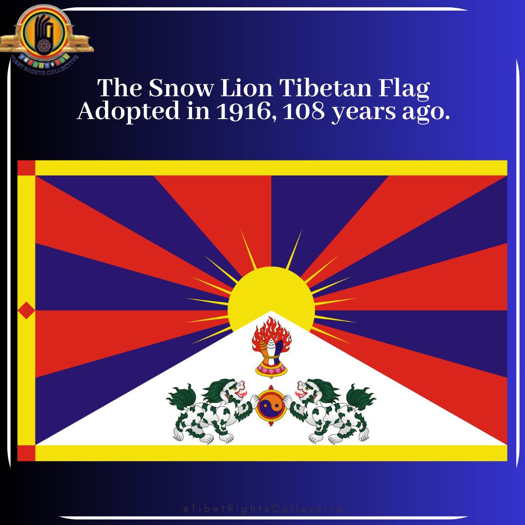 The Flag of #Tibet : 2 snow lions beneath a flaming blue, white and orange jewel and holding a blue and orange #taijitu on a white mountain with a gold sun rising over it, all over 12 red and blue alternating rays with a gold border around the upper, lower, and hoist side.