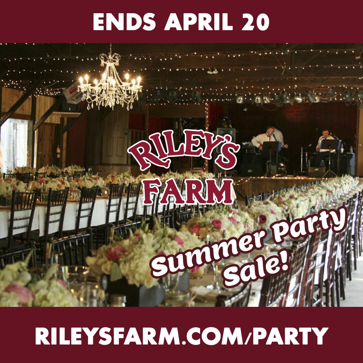 Save on your summer party! 
Rileysfarm.com/party

#GradNights #HomeSchoolProms #BirthdayParties #KidsParties #Anniversaries #RehearsalDinners #GreatFood #Dancing #LiveMusic #LivingHistory #Tomahawks #Archery #CiderPressing