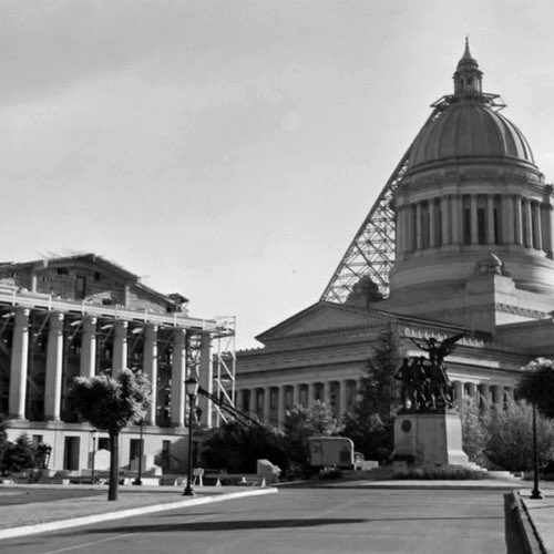 75 years ago today on April 13, 1949, a violent #earthquake rattled the Pacific Northwest and Olympia, causing significant damage to the Capitol Campus. Damage to the Legislative Building’s stone lantern atop the dome required replacement by a lighter metal replica. #waleg