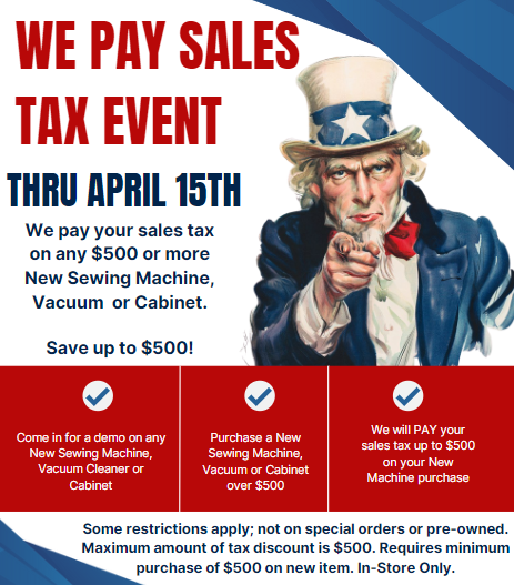35thAvenueSew's tweet image. We'll Pay The Sales Tax thru April 15th!  Purchase a new Sewing Machine, Cabinet or Vacuum Cleaner for $500 or more. We'll cover the sales tax, up to $500!
#sewing #serging #quilting #sewingmachine #serger #longarm #embroiderymachine #sewingcabinet #sewingfurniture #vacuumcleaner