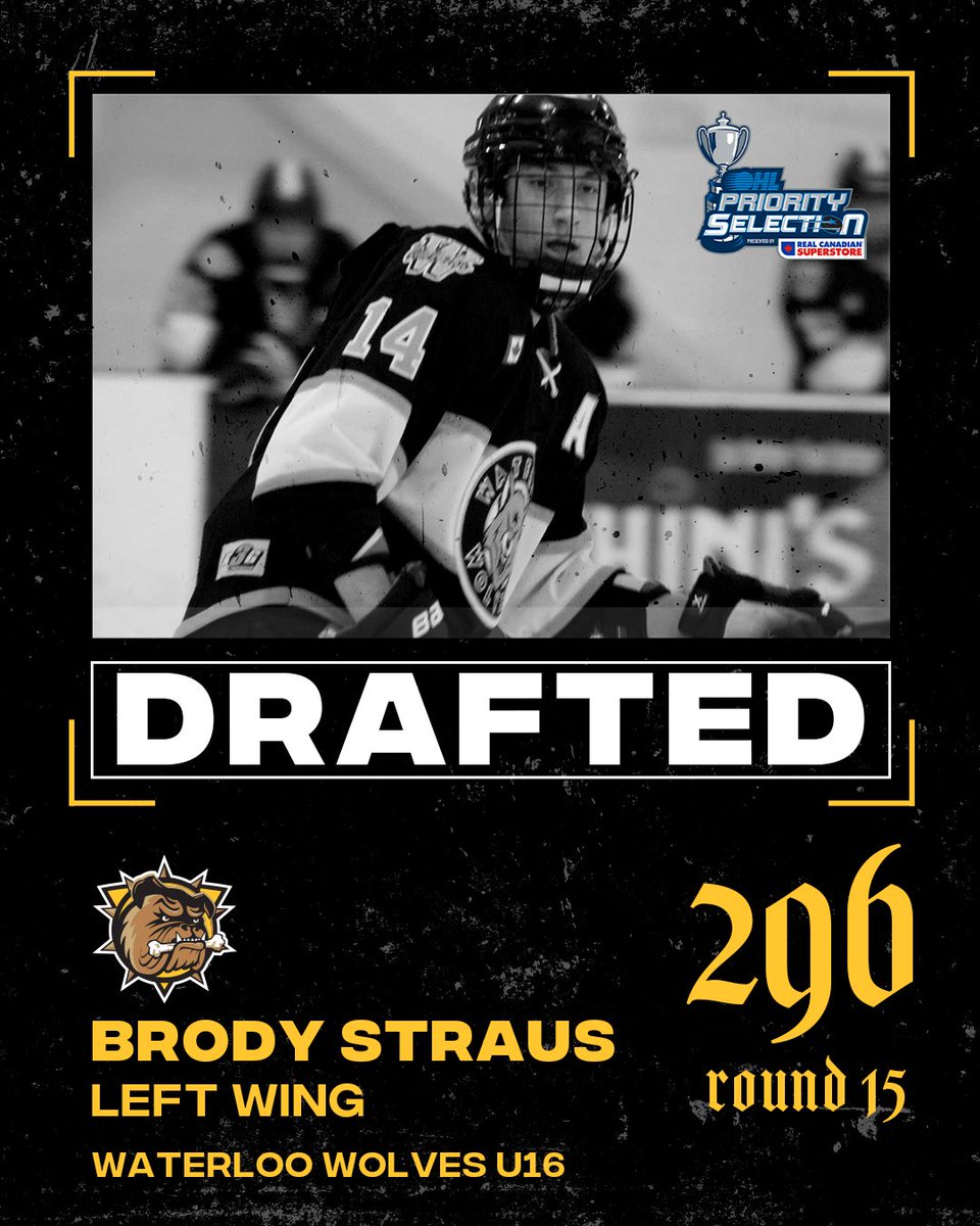 BulldogsOHL's tweet photo. With the 296th Overall Selection in the 2024 #OHLDraft the Brantford Bulldogs are proud to select Brody Straus from the Waterloo Wolves U16!

#BFD #WeAreBrantford #OHL https://t.co/ZyJcMqtO2J