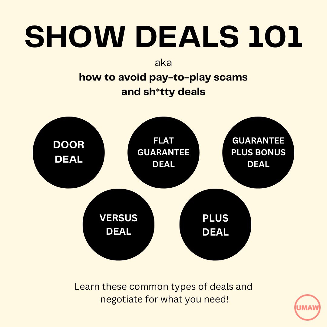Musicians! It’s important to learn the different types of deals available. Venues should NOT ask you to pay to play or reimburse them out of pocket at the end of the night. Pay to play is a scam! 🧵on types of show deals: