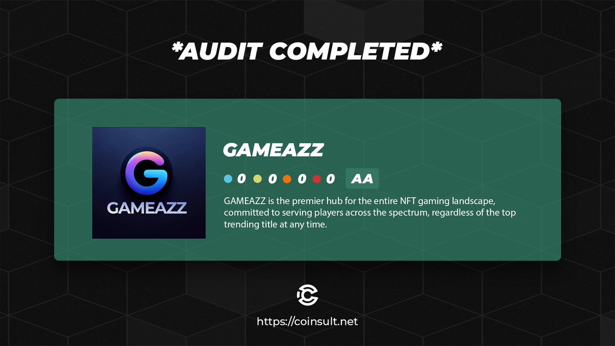 🔒 AUDIT COMPLETED FOR GAMEAZZ 🎁 GIVEAWAY: $20 (48 hours) 1⃣ Follow @gameazzgmz & @CoinsultAudits 2⃣ Like + RT this tweet 3⃣ Place a comment 💬 Go check out the full project page of GAMEAZZ 👇 coinsult.net/projects/gamea… #giveaway #audit #smartcontract #cryptogiveaway #crypto