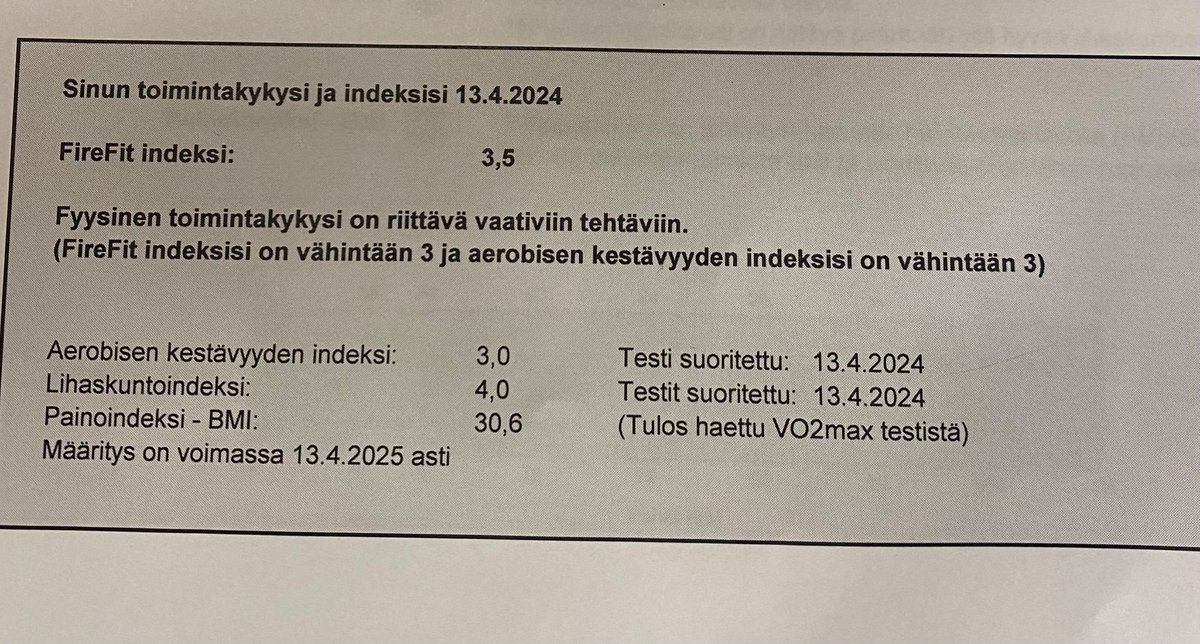 Firefit indeksi 3,5. Vanhus on edelleenkin jonkinlaisessa kunnossa 😊 #sopimuspalokunta #vpk #lihaskuntotestit