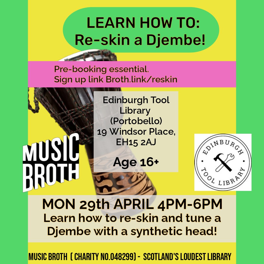 Learn how to Re-skin a Djembe with synthetic head! Join us at @theedinburghtoollibrary in Portobello on Mon 29th April! Sign up link at Broth.link/reskin #djemberepairs #repairreuse #etl #edinburghtoollibrary #freemusicworkshops