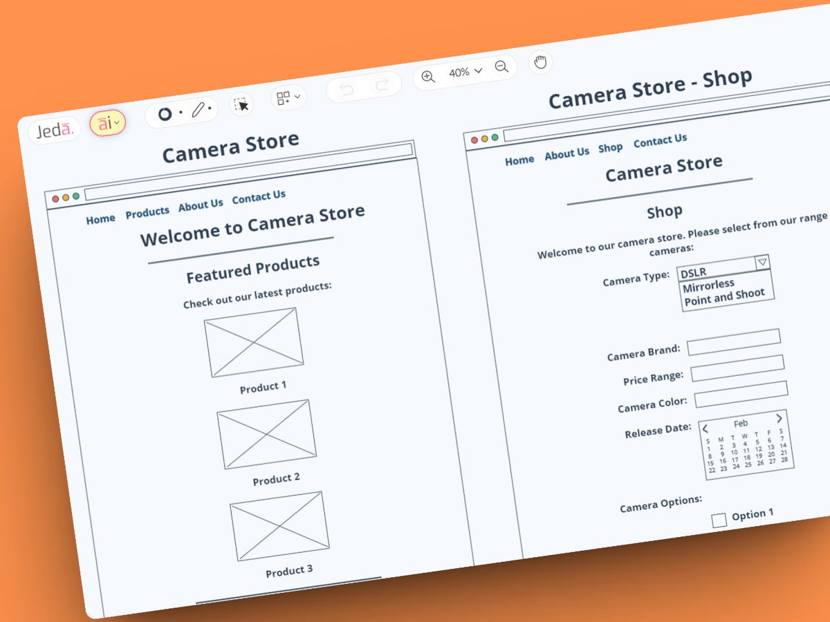 #PromptOfTheDay 📷 'Website: Camera Store; Page: Home' and 'Website: Camera Store; Page: Shop'.

➡️ Try today at jeda.ai/generative-ai-…

#JedaAI #GenerativeAI #ChatGPT #GPT4 #VisualPrompt #AI #Wireframes #UI #UX #Design #WebDesign