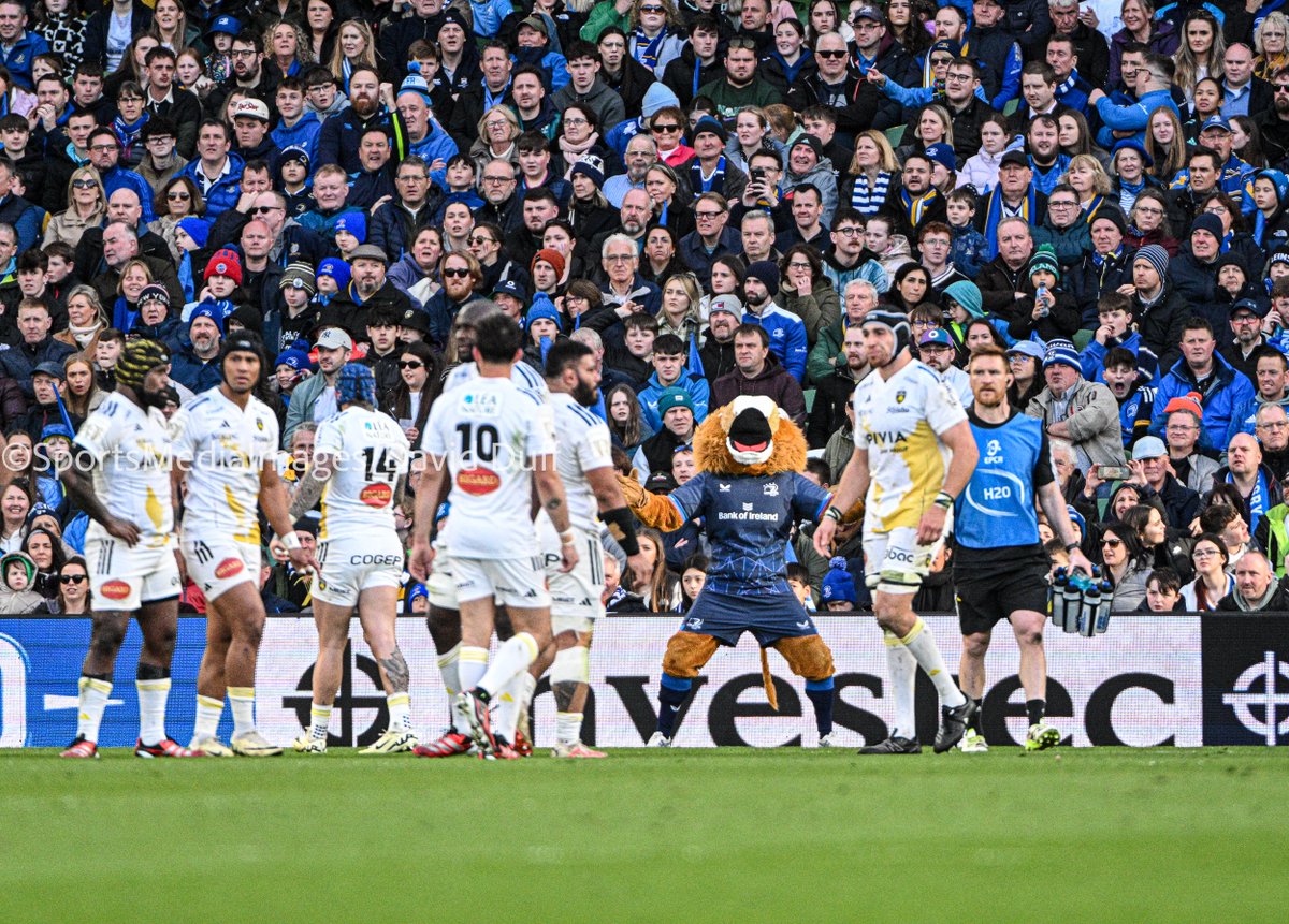 mediaimagescom's tweet photo. @leinsterrugby Leo the Lion celebrates another try behind the La Rochelle Team @ChampionsCup . https://t.co/Ti79QeMvBp