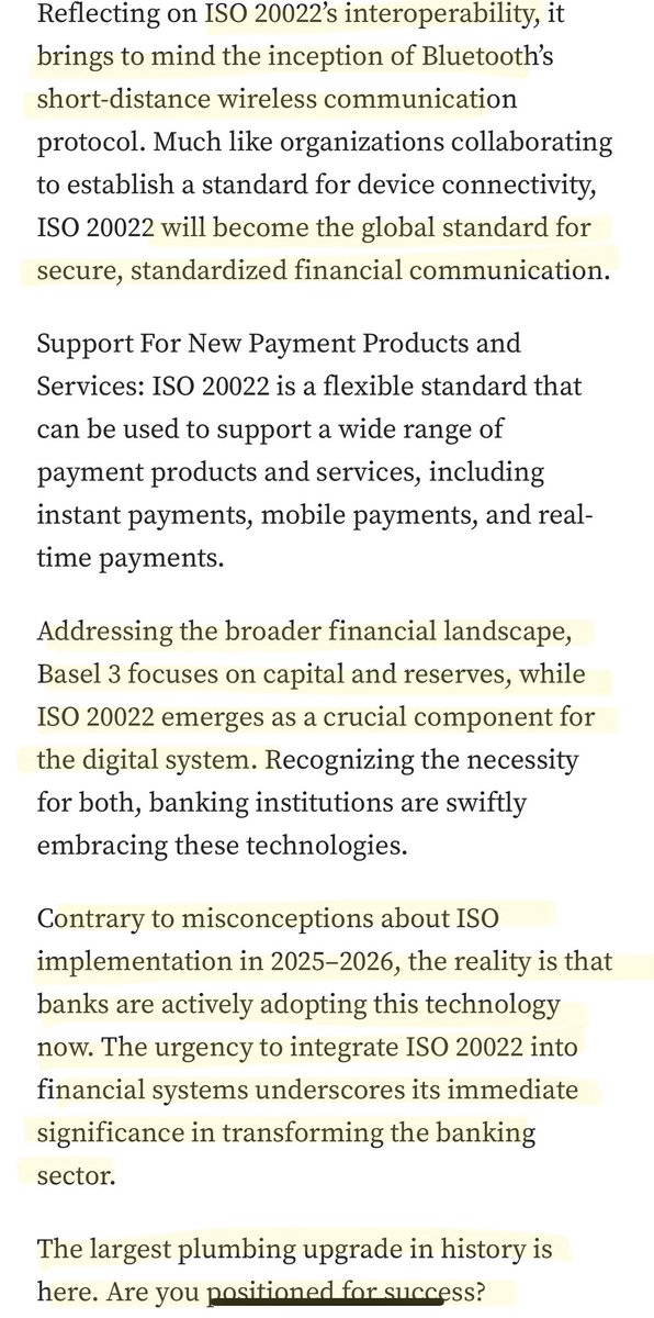 “It is a MISCONCEPTION that that ISO 20022 implementation will be in 2025-2026”

The Truth is these banks are upgrading/adopting digital technology NOW. 

The transformation of the banking sector is happening TODAY. 

Basel III. ISO 20022. Largest Plumbing Upgrade in History. 💨