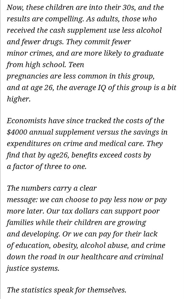 A natural basic income experiment began in the mid-1990s and how the kids, now in their 30s, are doing is incredible. As adults, they have fewer drug problems and their average IQ is higher. By age 26, the benefits of the UBI exceeded its cost by 3-to-1. academicminute.org/2014/06/jane-c…