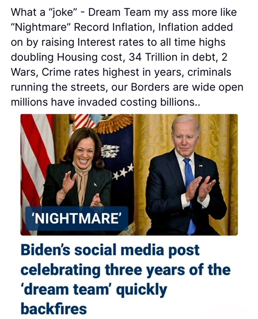 @jessies_now Bidenomic's is a total disaster, Joe Biden's Green New Dream has caused out of control Energy Inflation, out of control spending, Fed out of control interest rate hikes which also adds to Inflation, ownership cost of large ticket items double / triple due to Interest rates.