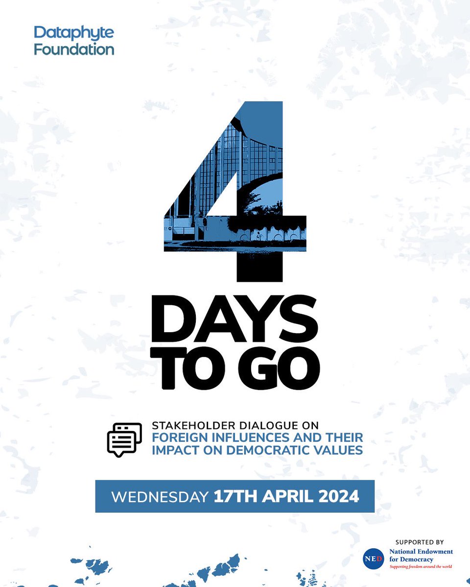 Only 4 days left until we come together to explore the topic of foreign influence on Nigeria's democracy! Join us as we unite voices from civil society, academia, and the private sector to shape the future. Don’t forget to Save the date! #NigeriaDemocracy #foreigninfluence…