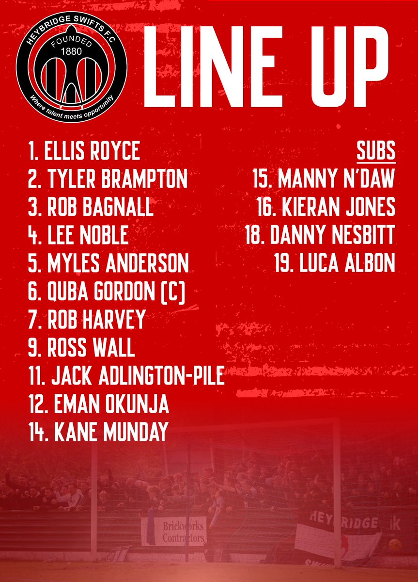 Here’s how the Swifts lineup today to face @Brightlingseafc Noah Phillips is injured, and replaced by young goalkeeper Ellis Royce who makes his Swifts debut. #Swifts