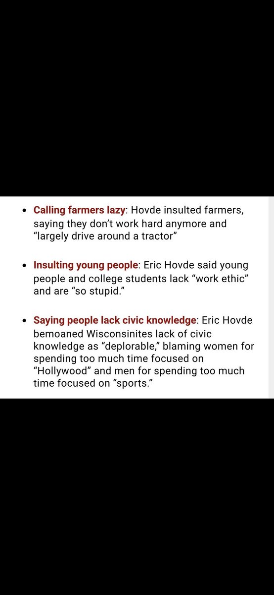 Interview of Eric Hovde: Mr Hovde, what do you think of farmers? -they’re lazy. College students? -they’re lazy and stupid. Wisconsinites? -they’re civic knowledge is deplorable. Banner fucking interview carpetbagger.