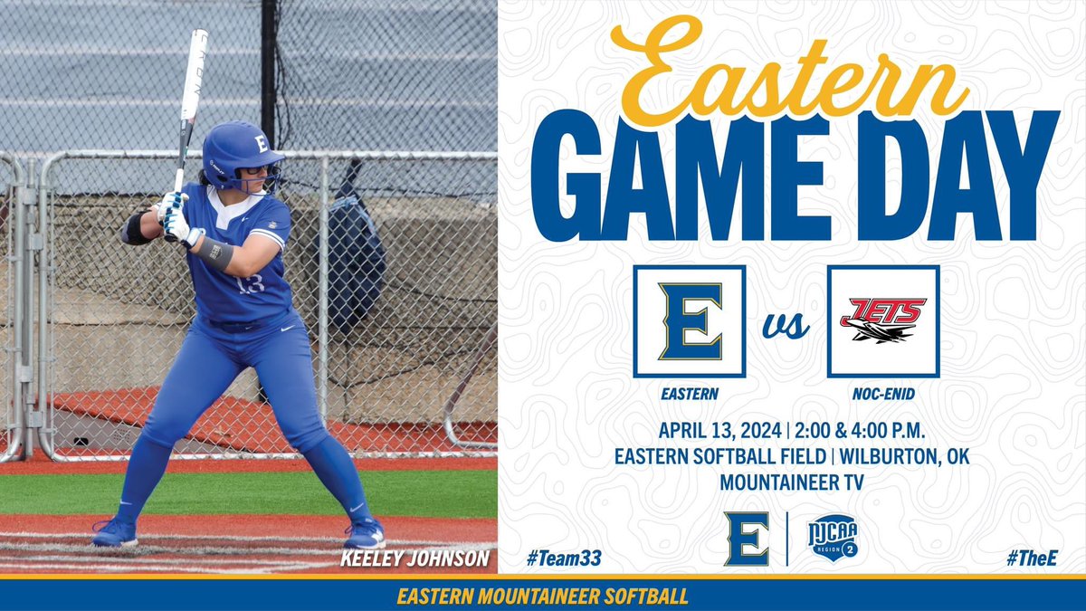 EOSC_Softball's tweet photo. Game Day! Eastern will host NOC-Enid in a doubleheader. Come support your Mountaineers!  #TheE #Team33 #NJCAASB
🥎 vs. Northern Oklahoma College-Enid
⏰ 2:00 &amp; 4:00 P.M.
🏟 Eastern Softball Field
📍 Wilburton, OK
🖥 https://t.co/pP30tqWrjQ https://t.co/zNXEKQDIYQ