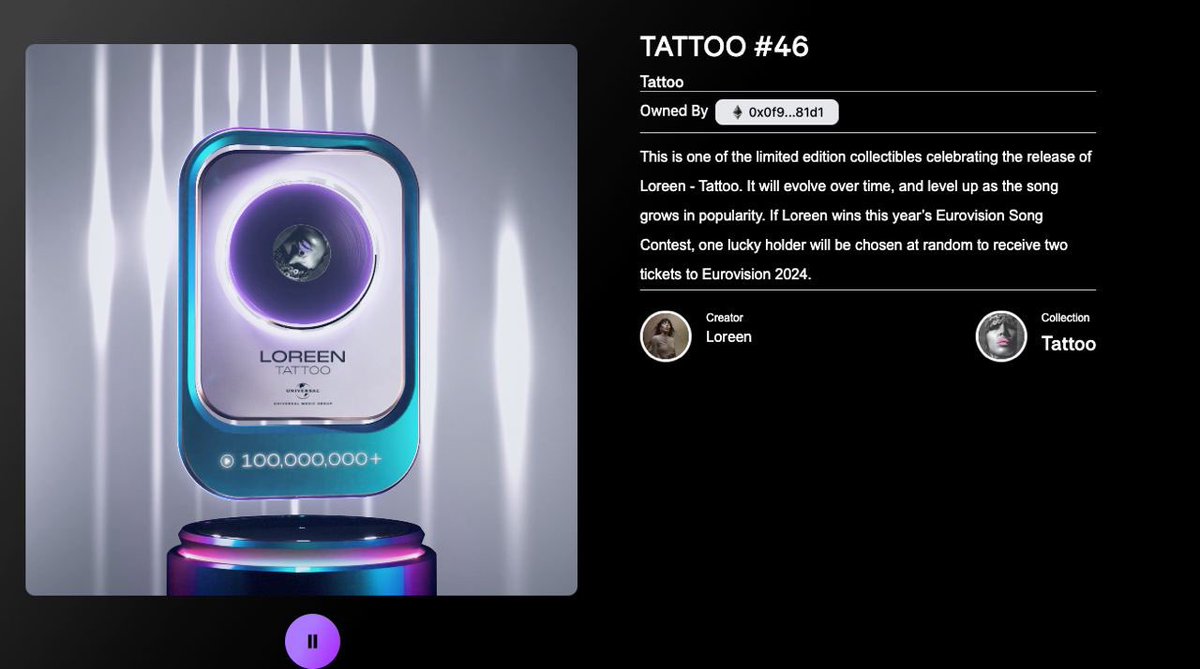 Centaurify (@centaurify) on Twitter photo 🎉 We have a WINNER for the <a href="/UMG/">Universal Music Group</a> giveaway!🎉
🌟 Congratulations to TATTOO #46 🌟
🏆 Owned by: <a href="/cryptonaire555/">Cryptonaire</a> 0x0f95F85cb639AFb022DcDE751C1ABCAE16f381d1 🏆
🎟️ You've snagged 2x tickets 🎟️ to the <a href="/Eurovision/">Eurovision Song Contest</a> final in Malmö! 🎤 Get ready for an unforgettable night!
‼️Claim your 🎉 We have a WINNER for the <a href="/UMG/">Universal Music Group</a> giveaway!🎉
🌟 Congratulations to TATTOO #46 🌟
🏆 Owned by: <a href="/cryptonaire555/">Cryptonaire</a> 0x0f95F85cb639AFb022DcDE751C1ABCAE16f381d1 🏆
🎟️ You've snagged 2x tickets 🎟️ to the <a href="/Eurovision/">Eurovision Song Contest</a> final in Malmö! 🎤 Get ready for an unforgettable night!
‼️Claim your