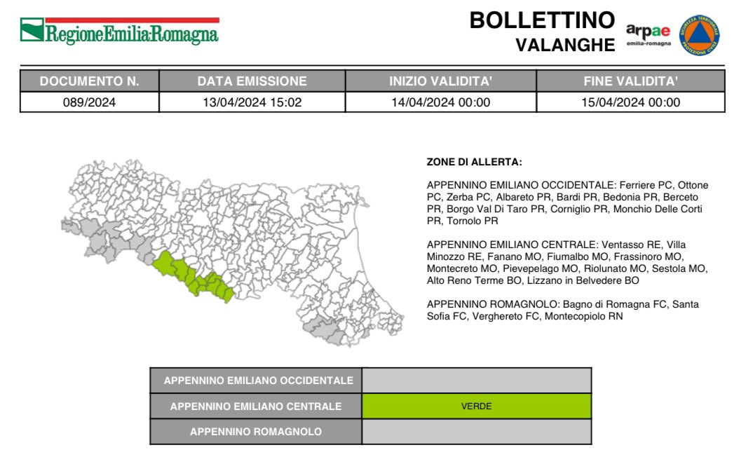 ⛰️#BollettinoValangheER VERDE nessuna allerta dalle 00:00 del 14/04/2024 alle 00:00 del 15/04/2024 ➡️ bit.ly/3xy2kb9