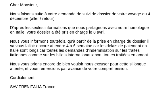 Récapitulons: - Demande de remboursement faite en octobre - PanouPanou c'est l'Italie jusqu'au 30 mars - Je m'énerve ce même jour - On me répond enfin 'c'est pris en compte depuis le 8 avril' - Je dois encore attendre 6 semaines pour avoir la tune Bravo le SAV @frecciarossa_fr