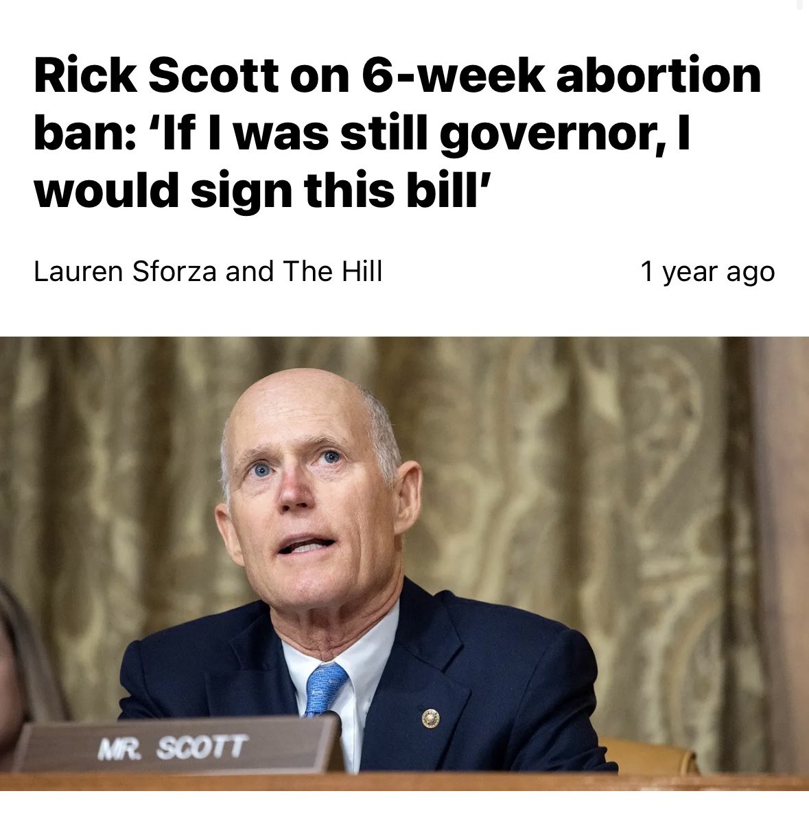 Reminder that Rick Scott proudly supports Florida’s near total ban on abortion with almost no exceptions for rape and incest.