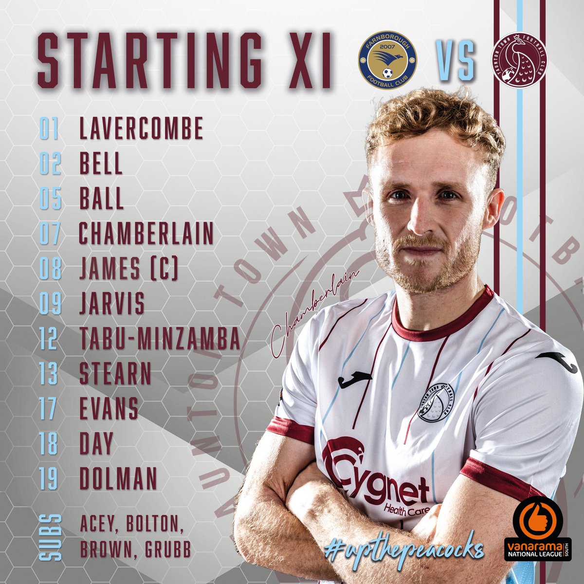 TauntonTownFC's tweet photo. Selection ➡ locked in 🔒

Your #Peacocks 🦚 𝗦𝘁𝗮𝗿𝘁𝗶𝗻𝗴 𝗫𝗜: 🆚 @FarnboroughFC

Here's how we line up for today's fixture at The Saunders Transport Community Stadium 👀

🎙🦚 Listen along to today's game with Max and Dylan ▶️ https://t.co/xLzvozgv71

#UpThePeacocks 🦚 https://t.co/ZDovx6INHT
