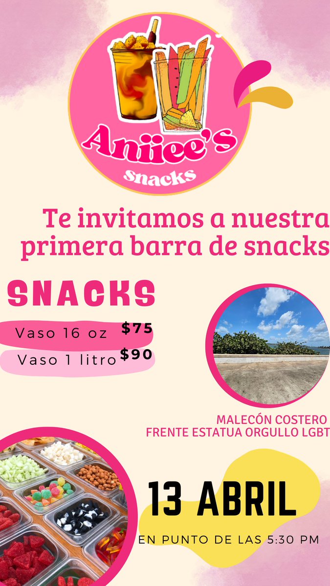 Tenemos una cita!!! 🥗🍭

Nos complace informar que el día de hoy 13 de abril nos estaremos ubicando en malecón costero sobre av. Manuel Avila Camacho, frente a estatua LGTB 🏳️‍🌈

Venta de snacks, vasitos de 16 y 32 oz a un excelente costo.

En punto de las 5:30 PM