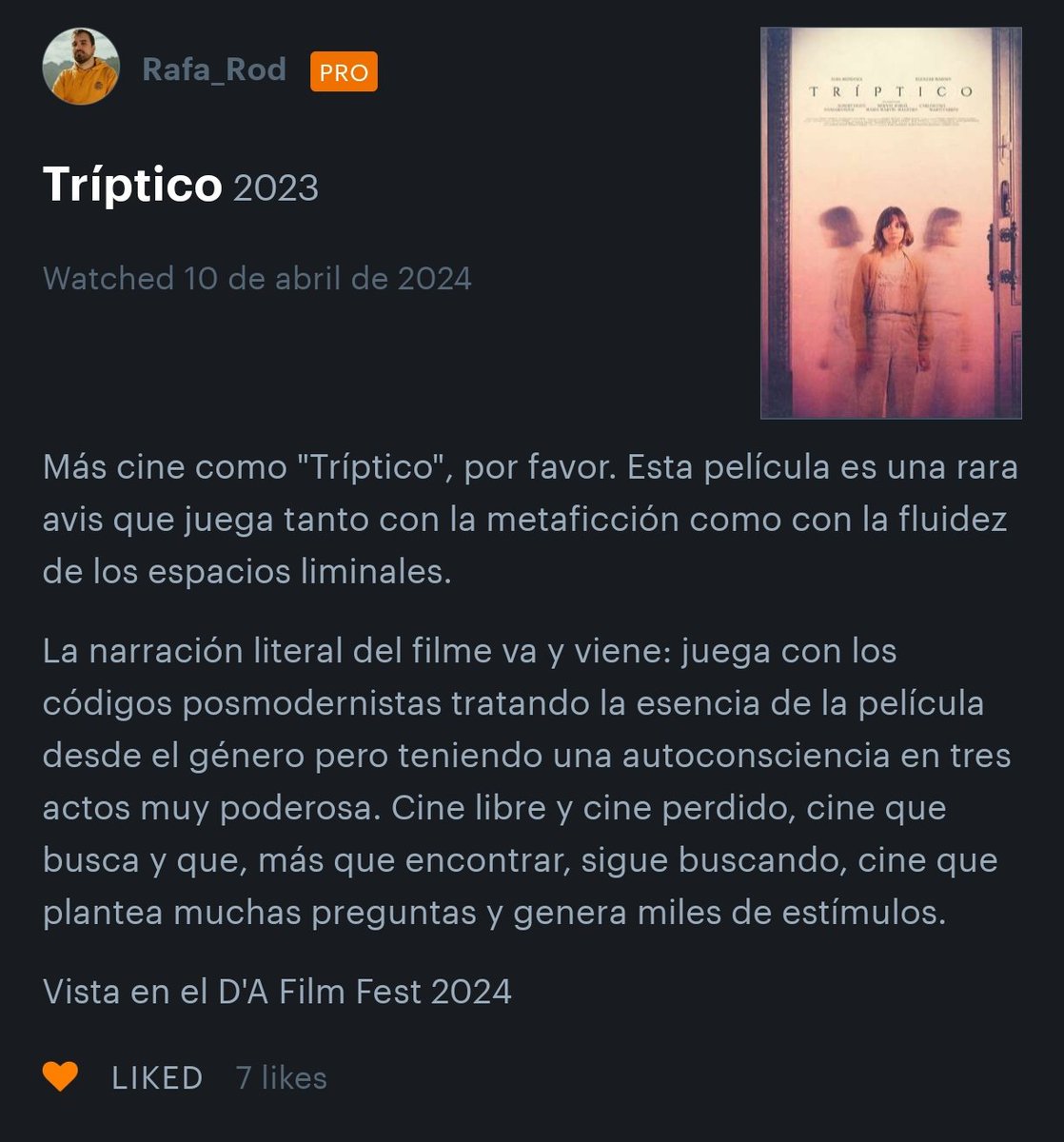 UnFrikiInculto's tweet photo. Ahora que se acerca el final del @DAFilmFestival aprovechamos y compartimos algunas de vuestras críticas de Tríptico en @letterboxd que más nos han gustado (nos hemos sonrojado leyéndolas no me escondo!!!!!!) 😳😳😳😳😳✍️✍️✍️✍️❤️‍🩹❤️‍🩹❤️‍🩹❤️‍🩹❤️‍🩹 https://t.co/qLnur2jmcu