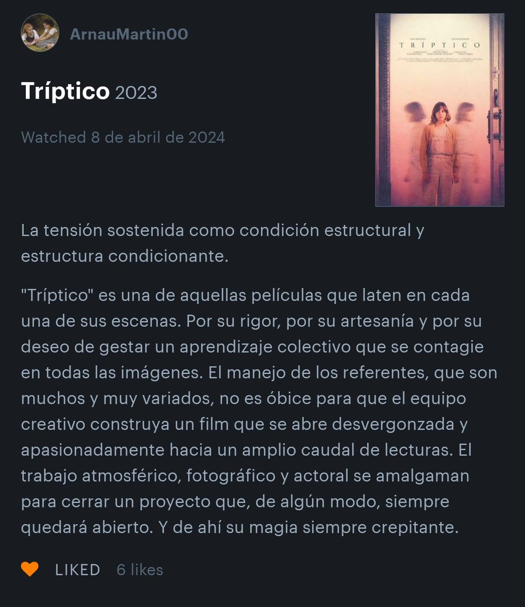 UnFrikiInculto's tweet photo. Ahora que se acerca el final del @DAFilmFestival aprovechamos y compartimos algunas de vuestras críticas de Tríptico en @letterboxd que más nos han gustado (nos hemos sonrojado leyéndolas no me escondo!!!!!!) 😳😳😳😳😳✍️✍️✍️✍️❤️‍🩹❤️‍🩹❤️‍🩹❤️‍🩹❤️‍🩹 https://t.co/qLnur2jmcu