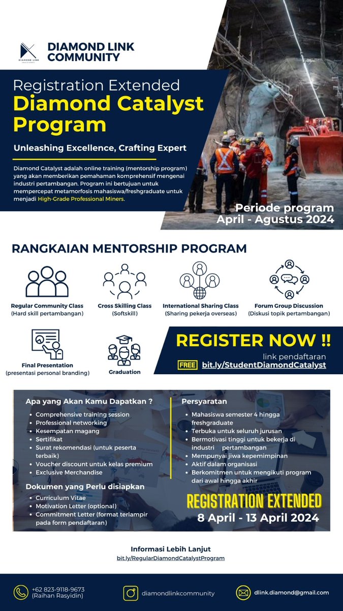 DL_Community's tweet photo. Last day for registration Diamond Catalyst Program. 
Registration will close at 11.00 PM (WIB)
Don't skip your chance, see you there! 🔥🔥🔥

JOIN NOW ! ⬇️⬇️⬇️
🔗https://t.co/hjXfz3hWzu

#diamondlinkindonesia #mentorship #student #diamondcatalyst #mining #engineeringmaterials https://t.co/zIPMNqPsk4