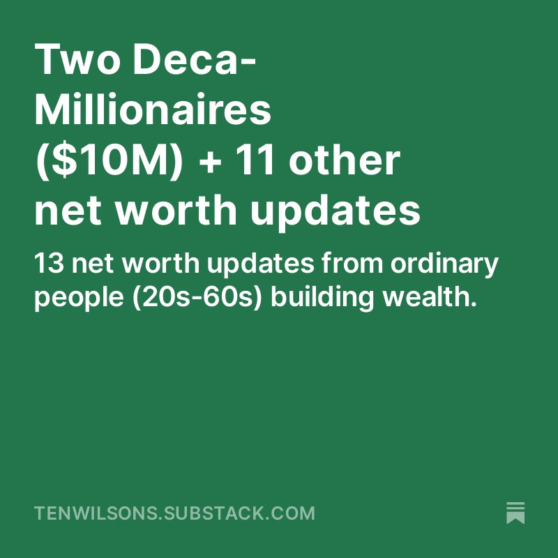 TenWilsons's tweet photo. 13 net worth updates:

$10,000,000 - age 52
“…we live pretty frugally. Just like normal middle class people. I am not a "second home" person. We have dogs and enjoy our home life.”

$4,000,000+ - age 43
“My path was Army right out of HS, then two engineering degrees at two separate colleges, then the job I just quit. The real estate business was the only way this happened. I did it nights and weekends when I wasn’t at my W2. Own 37 rentals now and have renovated many myself over the years and have always managed as well”

€728,441 - age 39
“Because I grew up poor, I had always thought that I have to work hard to make a living and survive in this ‘cruel’ world. In fact, I was not that wrong at all, but what I didn’t know is that I can actually change the course through investing, turning modern “slavery” into wealth and well-being for my family and the futures generations to come.”