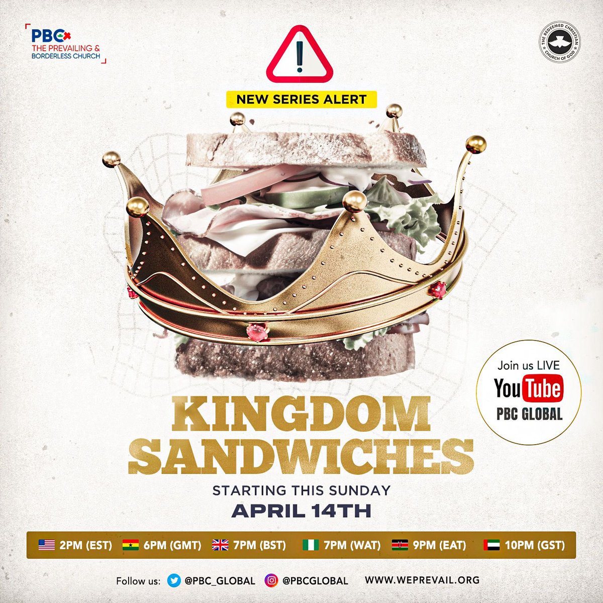 This Sunday, PBC kicks off another exciting and powerful series #KINGDOMSANDWICHES

📅 Date:Sunday, 14th of April, 2024
🕑 Time:2 pm EST / 7 pm WAT / 6 pm GMT
🔗 Link: youtube.com/@PBCGLOBAL?si=…

#SundayService #OnlineChurch#YearofUnendingCelebration #PBCGlobal #RCCG #GlobalChurch