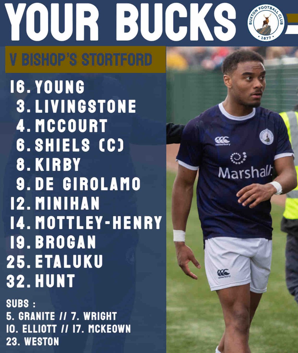 📋⚽️ | 𝗧𝗘𝗔𝗠 𝗡𝗘𝗪𝗦

Here’s how your Bucks line up for today’s visit of Bishop’s Stortford. 

Sing your hearts out for the last time at the TSS this season. 

🗣️🙌🏻⚽️

#UpTheBucks | #TeamBuxton
