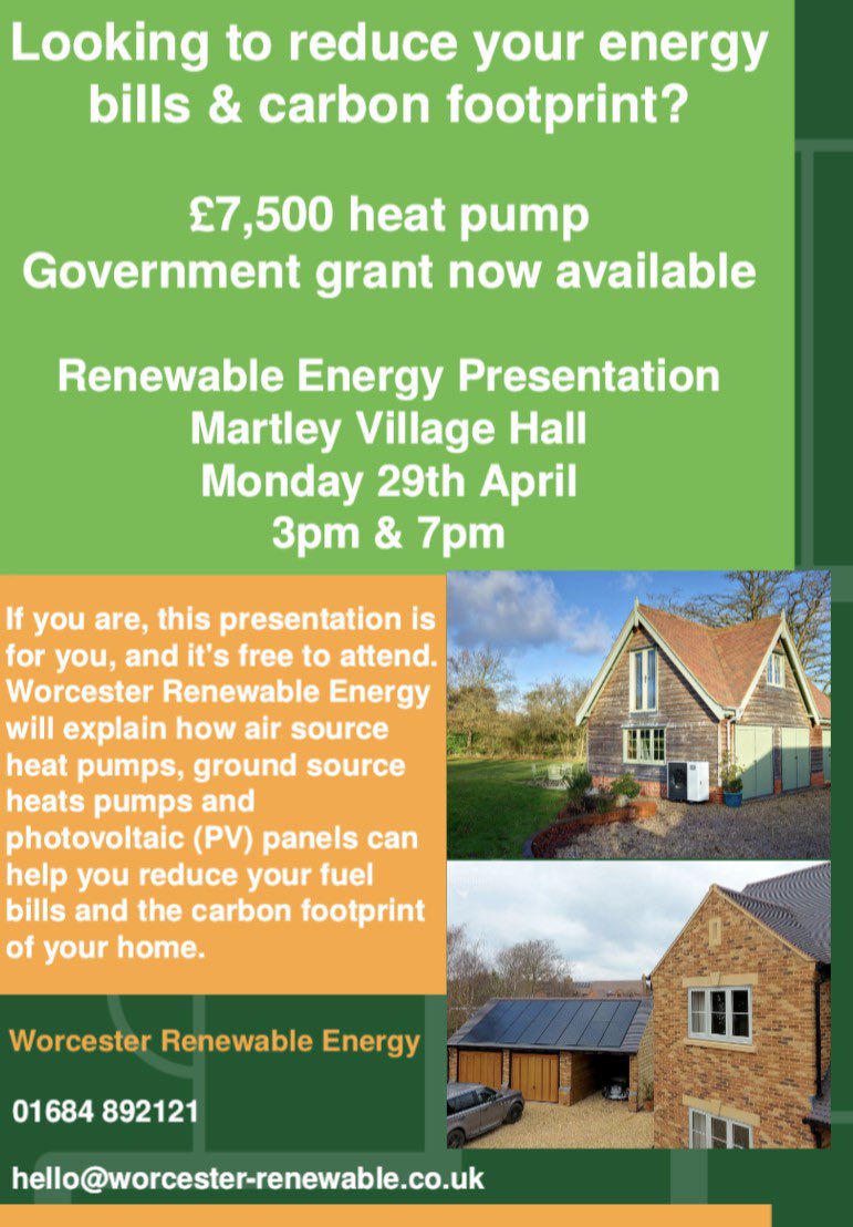 WREnergy's tweet photo. Come and join us at our next presentation

Monday 29th April

Martley Village Hall, WR6 6PQ

3pm and 7pm https://t.co/0O1pemmA3e