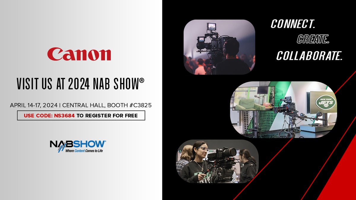 Connect. Create. Collaborate. Stop by the #Canon booth tomorrow at #NAB2024 to explore our latest technologies and get hands-on with industry-leading products. #NABShow Register for free with code NS3684: canon.us/NAB2024