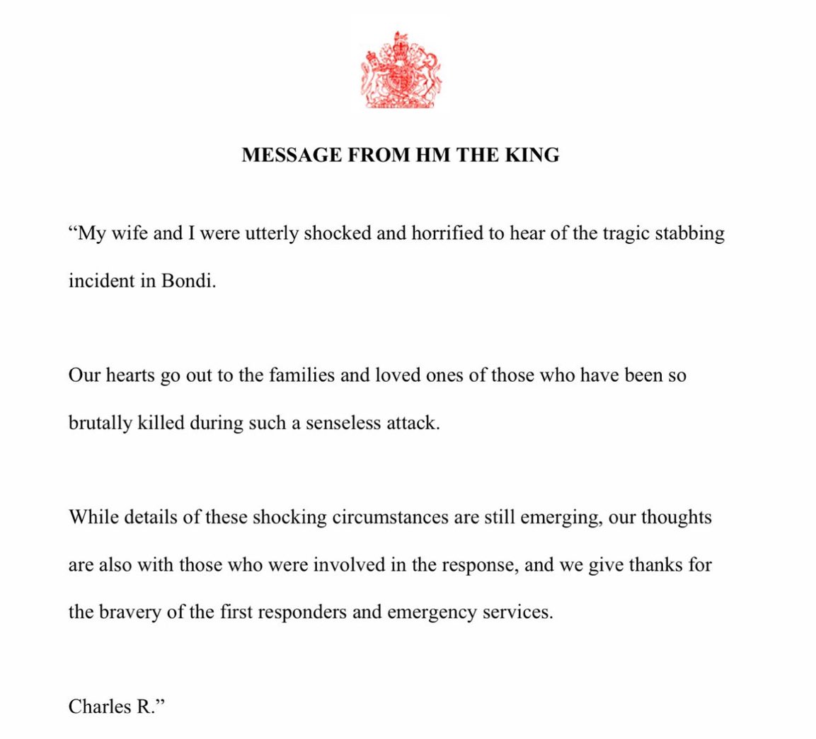 King Charles and Queen Camilla send a message regarding the attack at Bondi. ❤️❤️❤️