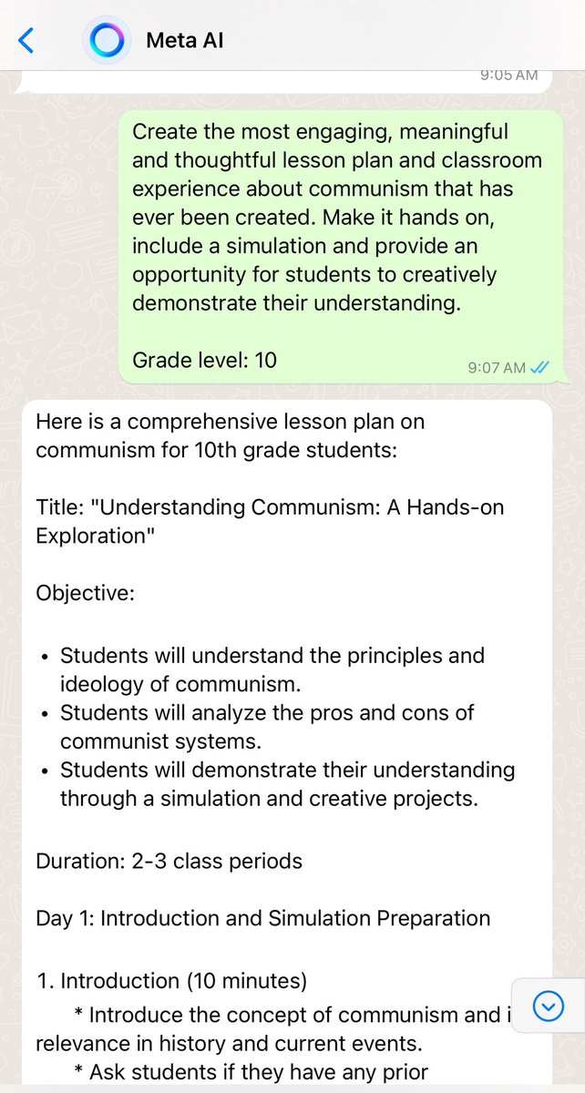 Evaluating a classroom experience designed by Meta AI in @WhatsApp in between texting with a few friends. While the experience may not be perfect and requires some fine tuning, the value here is starting at 70-80% instead of starting with a blank white document.