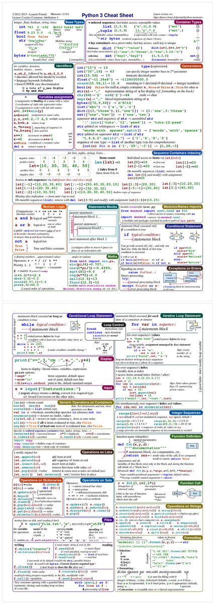 gefei55's tweet image. 老外整理的特别详细的 Python 3 Cheat Sheet PDF 文件，点此下载
perso.limsi.fr/pointal/_media…