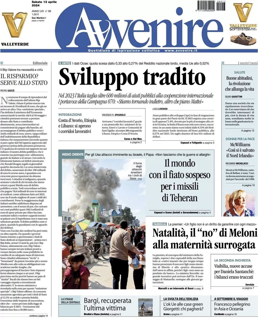 Con l’articolo “Sviluppo tradito” di Luca Liverani, la #Campagna070 oggi è in prima pagina su <a href="/Avvenire_Nei/">𝐀𝐯𝐯𝐞𝐧𝐢𝐫𝐞</a>.

Sull’Aiuto Pubblico allo Sviluppo, l’Italia taglia ancora: nel 2023 investiti 631 milioni in meno.

#cooperazioneinternazionale #sviluppo #solidarietà