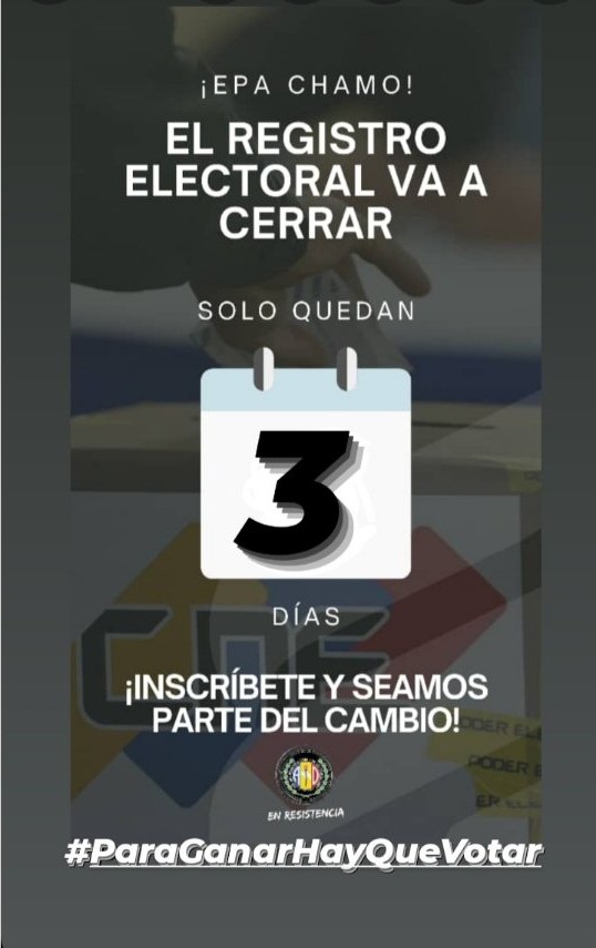 Los jóvenes serán los constructores de la nueva Venezuela. En tus manos está tu futuro y el de todo un País.

Hoy #13Abril2024 SOLO QUEDAN 3 DÍAS para poderte inscribir en el CNE y poder ser tu mismo, tu opción de cambio
#ManoInscribeteEnElCNE