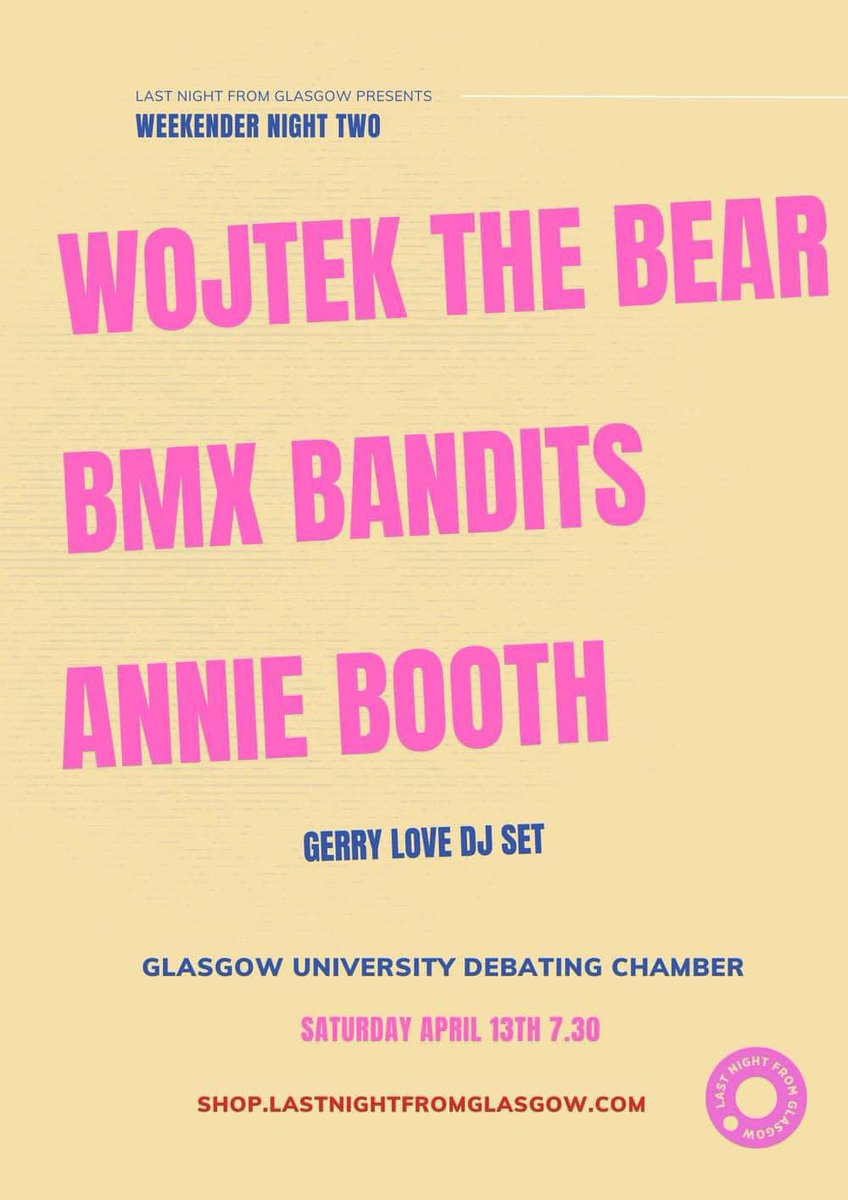 Tonight! ⭐️ We play Glasgow University Union debating chamber with BMX Bandits followed by a DJ set by Gerry Love. Sadly Annie Booth is no longer able to play, but it’ll still be good craic! Doors are at 7pm Last few 🎟️’s on sale from: tinyurl.com/wojtekbandits See you there? x