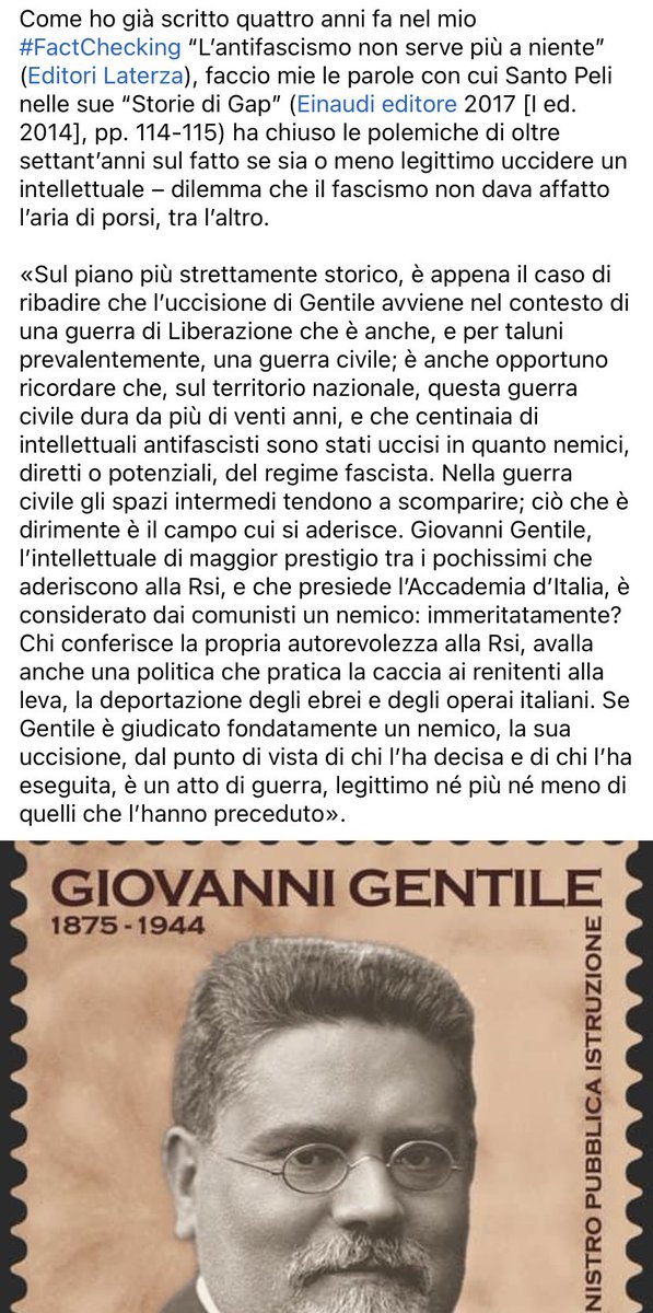 Sull’esecuzione di Giovanni Gentile (decisa dal Partito comunista e messa in atto dai gappisti fiorentini), l’intellettuale «organico» al fascismo, ucciso il 15 aprile del 1944 a Firenze, che ora si commemora con un francobollo (sic):
