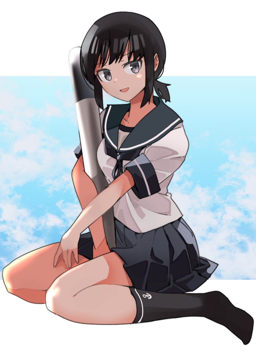 fubuki (kancolle) 1girl solo looking at viewer smile open mouth skirt black hair  illustration images