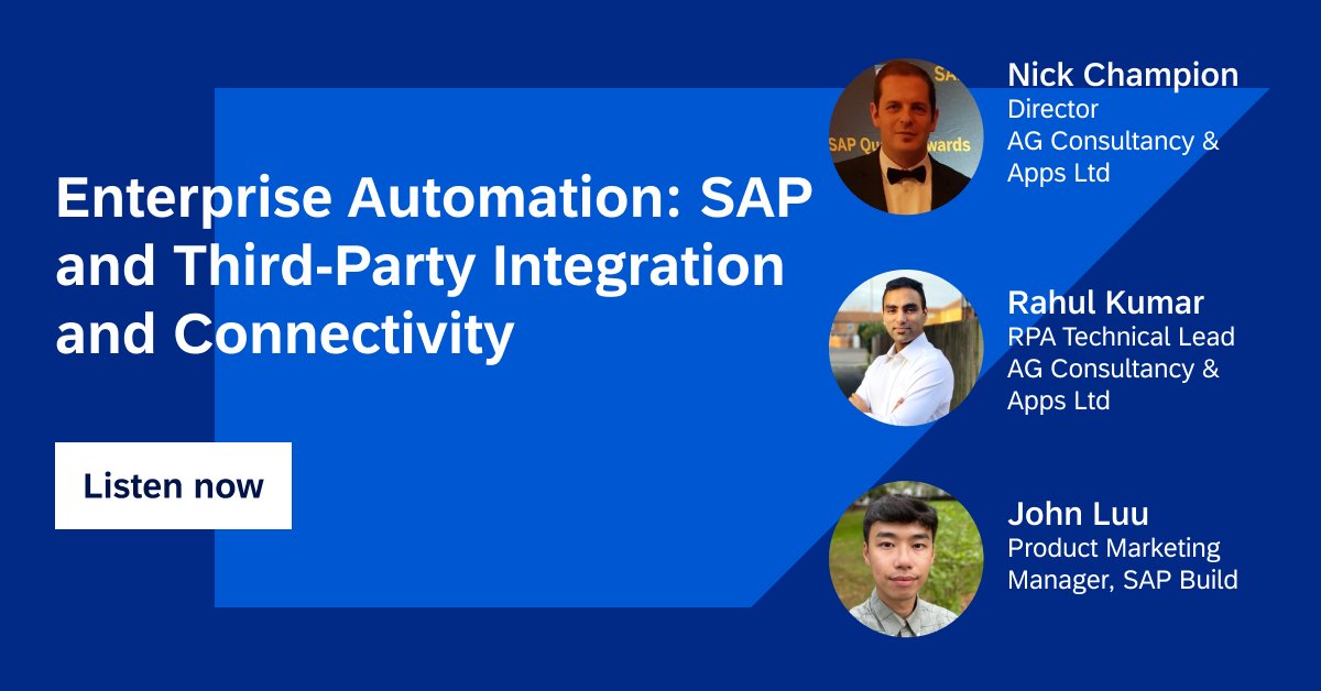 🎧 New Podcast Alert! Learn from experts Nick Champion and Rahul Kumar how our dedicated partner, <a href="/AGC_APPS/">AG Consultancy & Apps Ltd.</a>, presents our latest community bots developed for SAP Build. Join host John Luu and delve into #EnterpriseAutomation from SAP. 

imsap.co/6010wxHXm

#SAPPartners