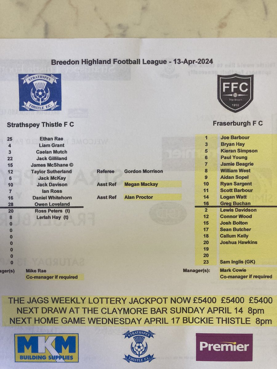 Today’s team line ups for the Breedon Highland League match between Strathspey Thistle and Fraserburgh #theBroch @leagueHighland