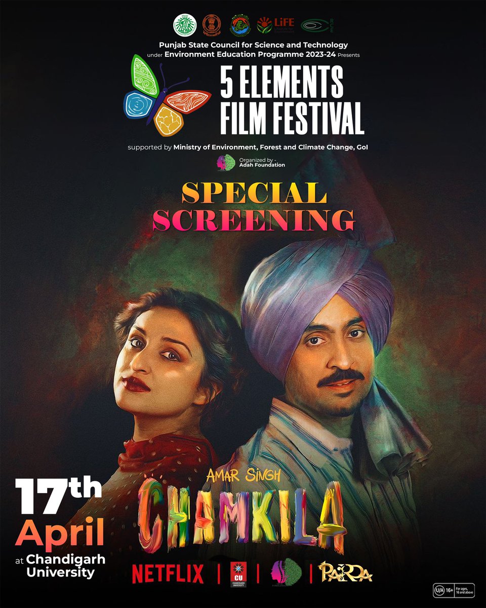 Witness the story of the legend who put the Punjab Folk Music on global scale at 5 Elements Film Festival @CU_Chd . We all invite you to the special screening of “Chamkila” Directed by the remarkable @1mti4z_ali Featuring @ParineetiChopra and @diljitdosanjh