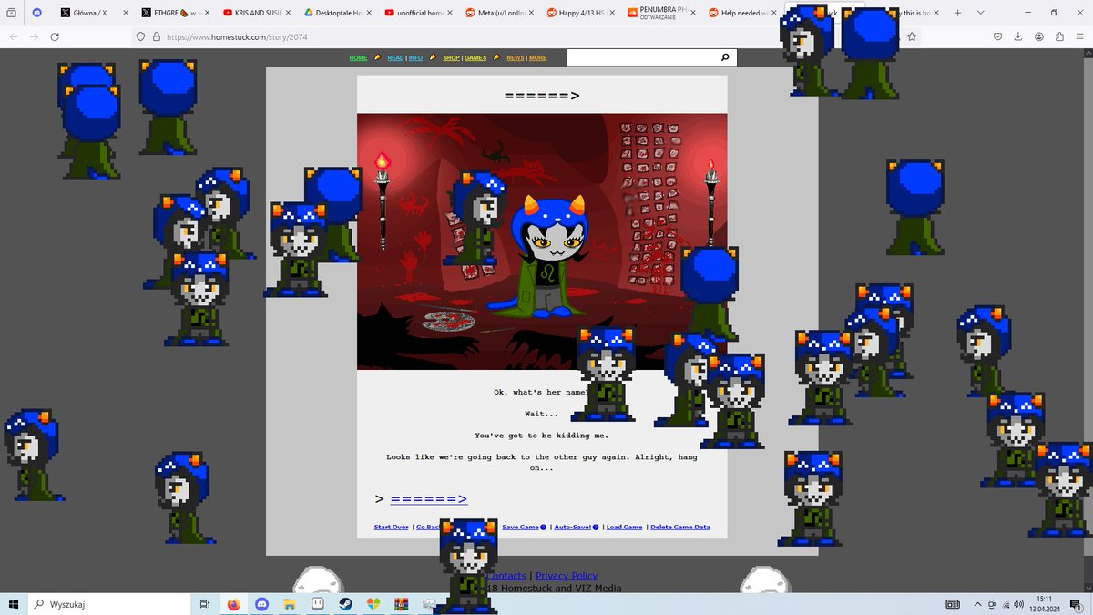 MetaVandetta23's tweet photo. Happy Homestuck 4/13!! While I dont have fanart for today, I made custom walk buddies for Desktoptale for Alterniabound section just for it! Please, enjoy!
https://t.co/QIrRkZaifL
#Homestuck413 #Homestuck #desktoptale https://t.co/spjfEziJoW