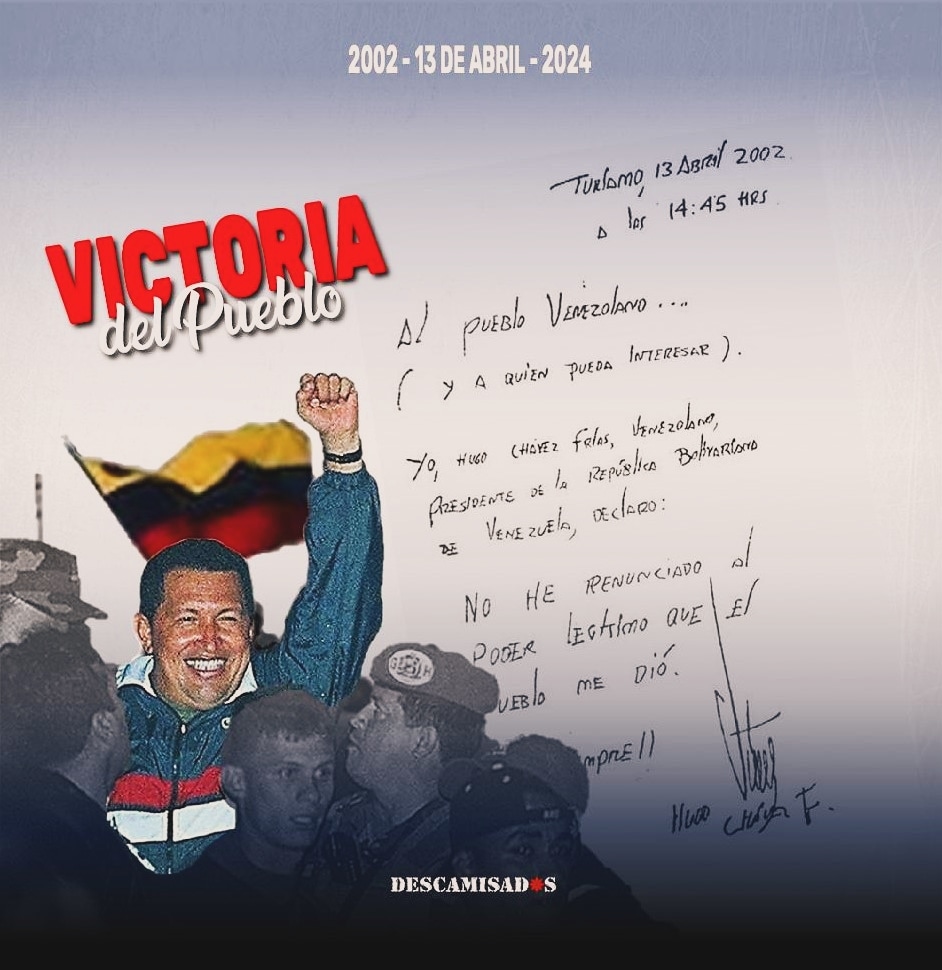 A 22 años de la victoria popular contra el golpe de Estado en Venezuela y con el mismo espíritu patriótico y rebelde de aquel 13 de abril, el pueblo de Bolívar y Chávez en unidad cívico-militar junto a su presidente @NicolasMaduro continúa profundizando la Revolución Bolivariana.