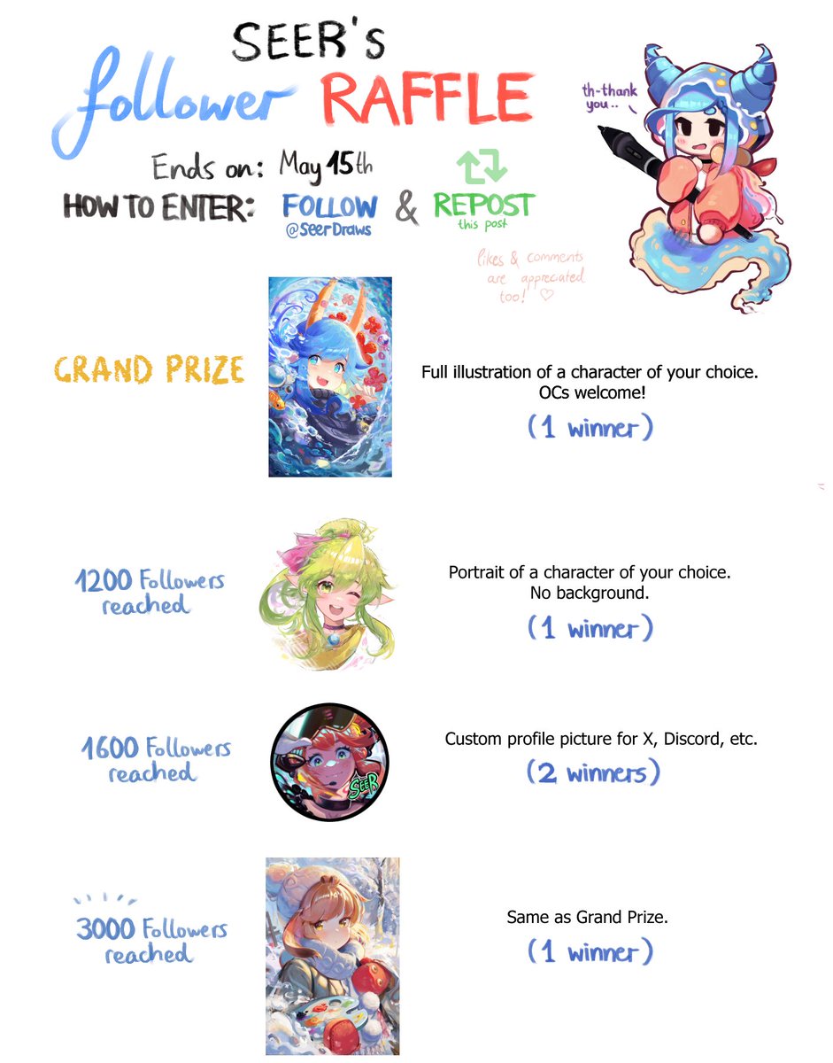 Hey, everyone! It's an art raffle! Join by following me and rt'ing this! All winners will be drawn on May 15th - the grand prize is included from the start but additional rewards can be unlocked if I reach certain follower milestones by then. Thank you all for the support!