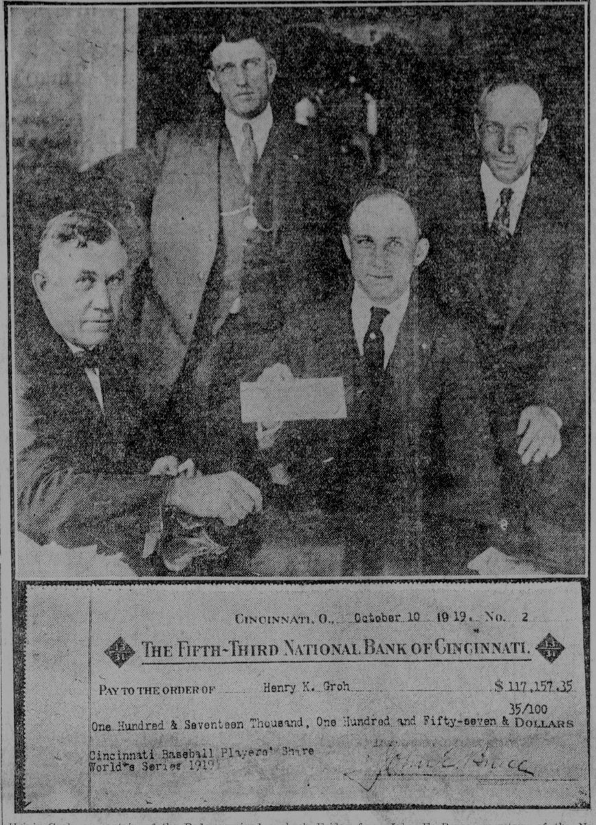 As capt. of the #Reds in 1919, Heinie Groh was in charge of the $117,157.35 payout for winning the 1919 World Series. MLB handed him a check, and he turned around and wrote checks to all the players/personnel.