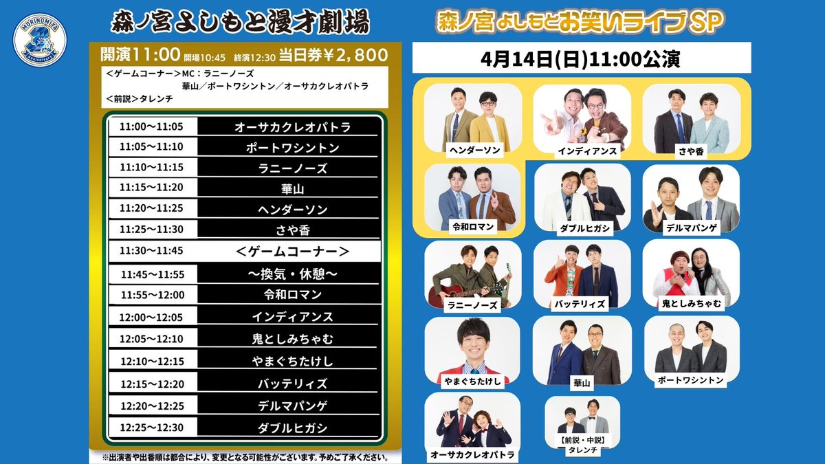 【4/14（日）公演①】
「森ノ宮よしもとお笑いライブSP」
#森ノ宮よしもと漫才劇場
開演 11:00／終演12:30

／
#ヘンダーソン
#インディアンス
#令和ロマン
#さや香
他マンゲキメンバー出演
ネタとコーナーの90分🌳
＼

㊗完売御礼㊗

発券機が大変混みあう可能性がございます。…